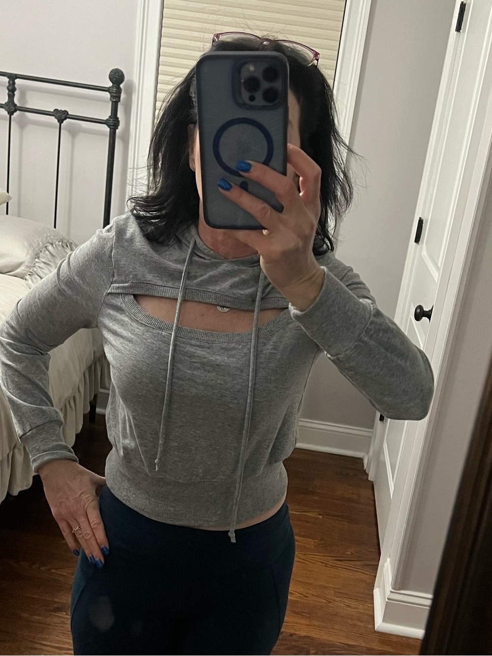Grey Cutout Hoodie Crop Top - Women's Casual Sweatshirt